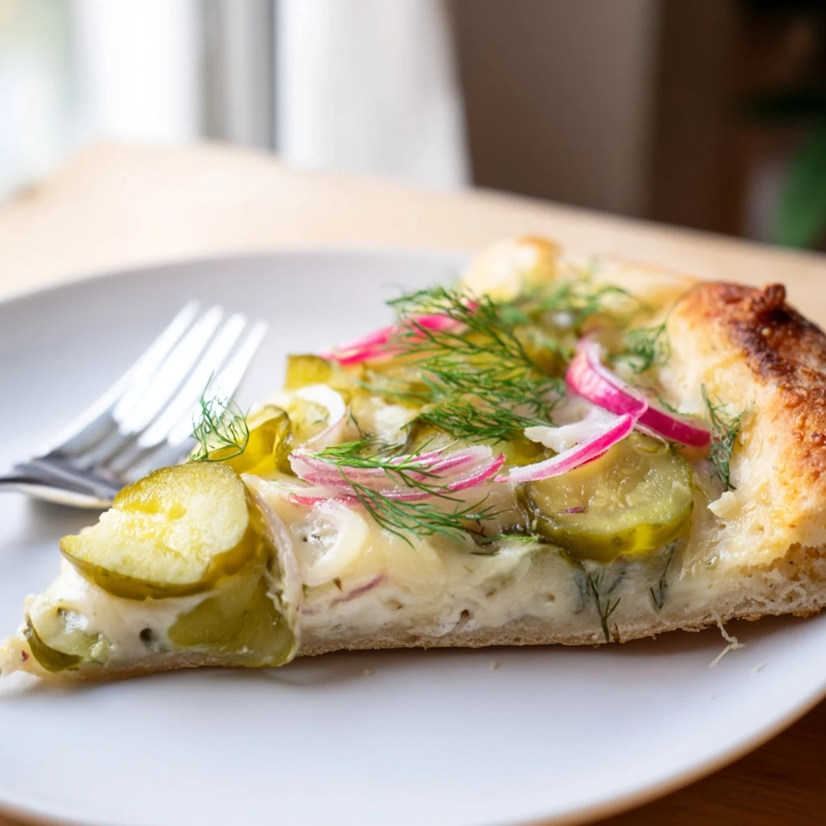 Creamy crème fraîche and crunchy dill pickles on a hot, cheesy pizza.  