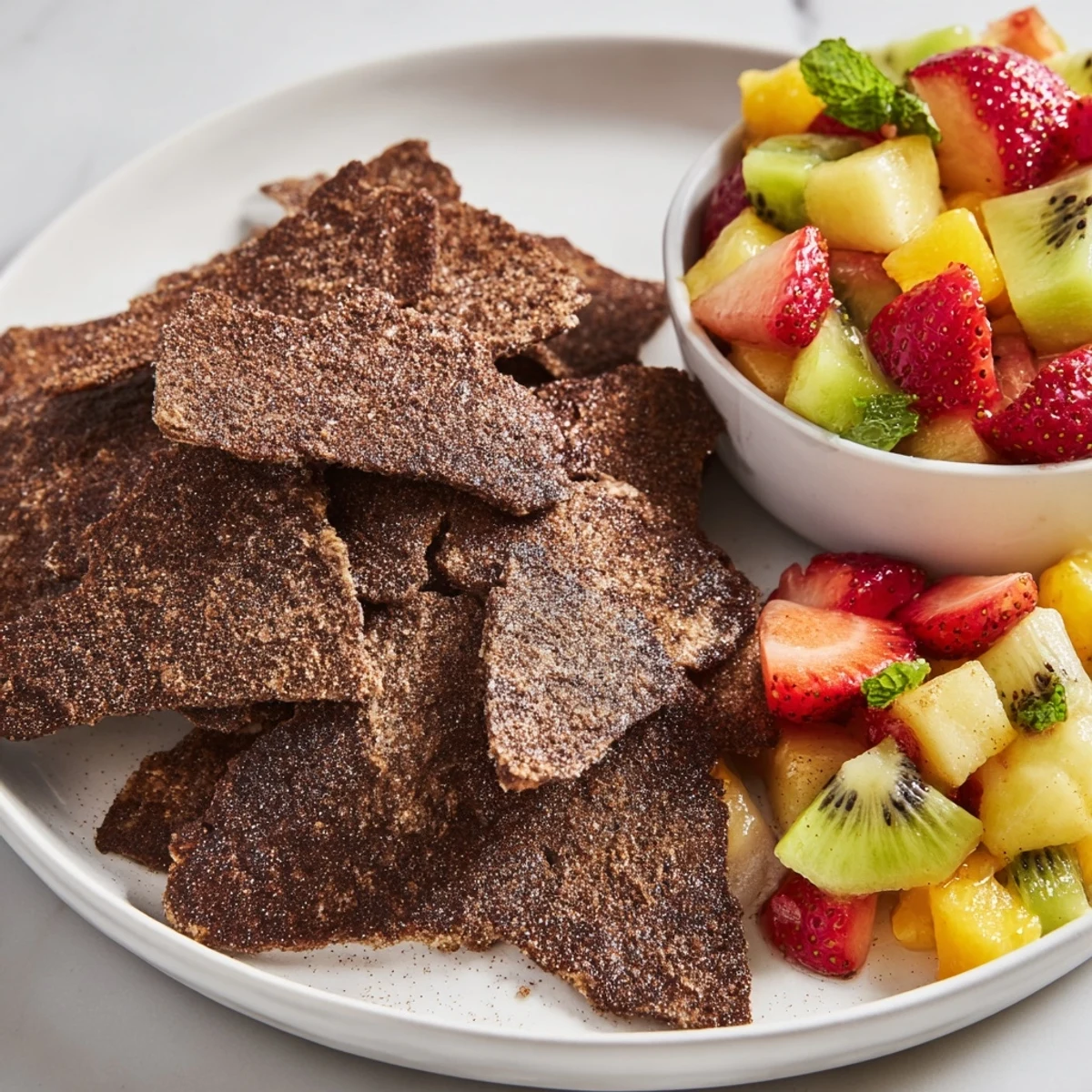Colorful fruit salsa pairs deliciously with homemade chocolate chips for a unique treat.