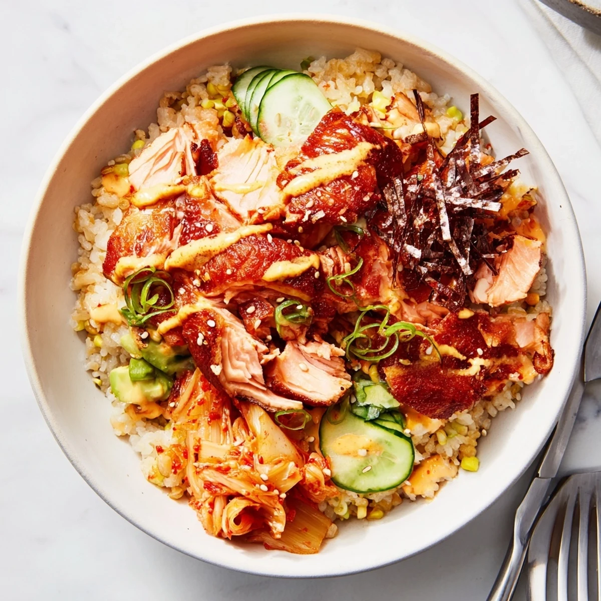 Savor the delicious textures of this Crispy Salmon Rice Bowl with kimchi and crispy garlic.  