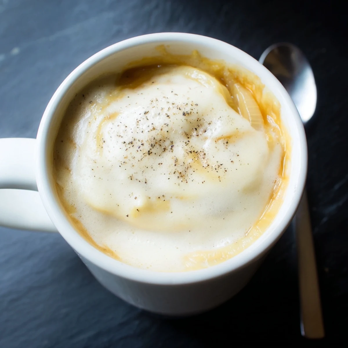 A creamy Onion Latte topped with frothy milk and caramelized onion sweetness.  
