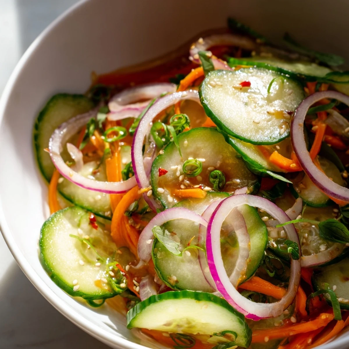 Refreshing cucumber salad remix with colorful veggies and savory Asian dressing.  