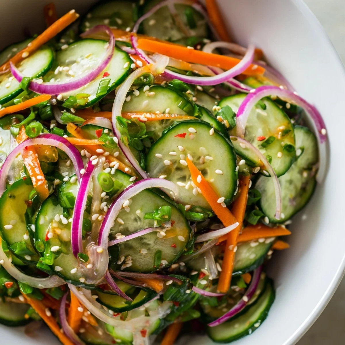 Zesty cucumber salad remix featuring a tangy dressing and crunchy, fresh vegetables.