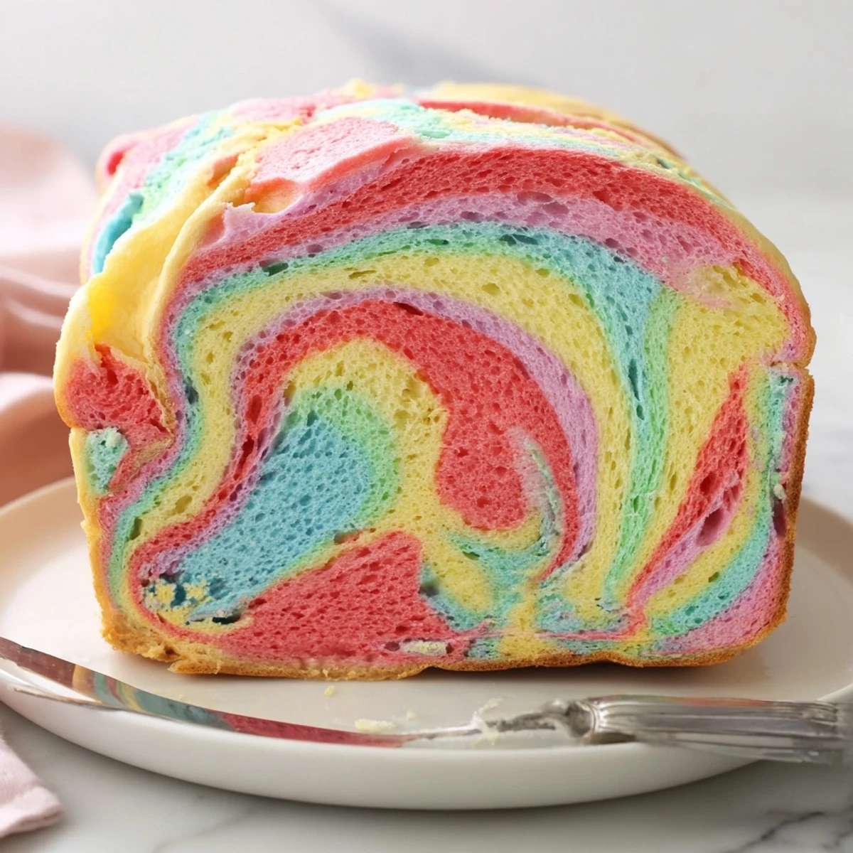 Fluffy cloud bread in vibrant rainbow colors, perfect for breakfast or brunch.  