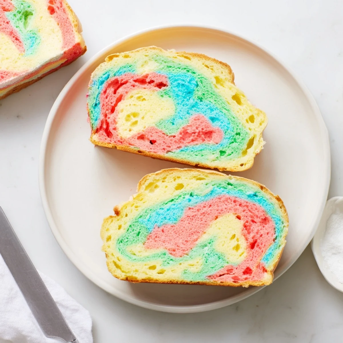 Delightful rainbow cloud bread, ideal for snack time or a cheerful dessert option.