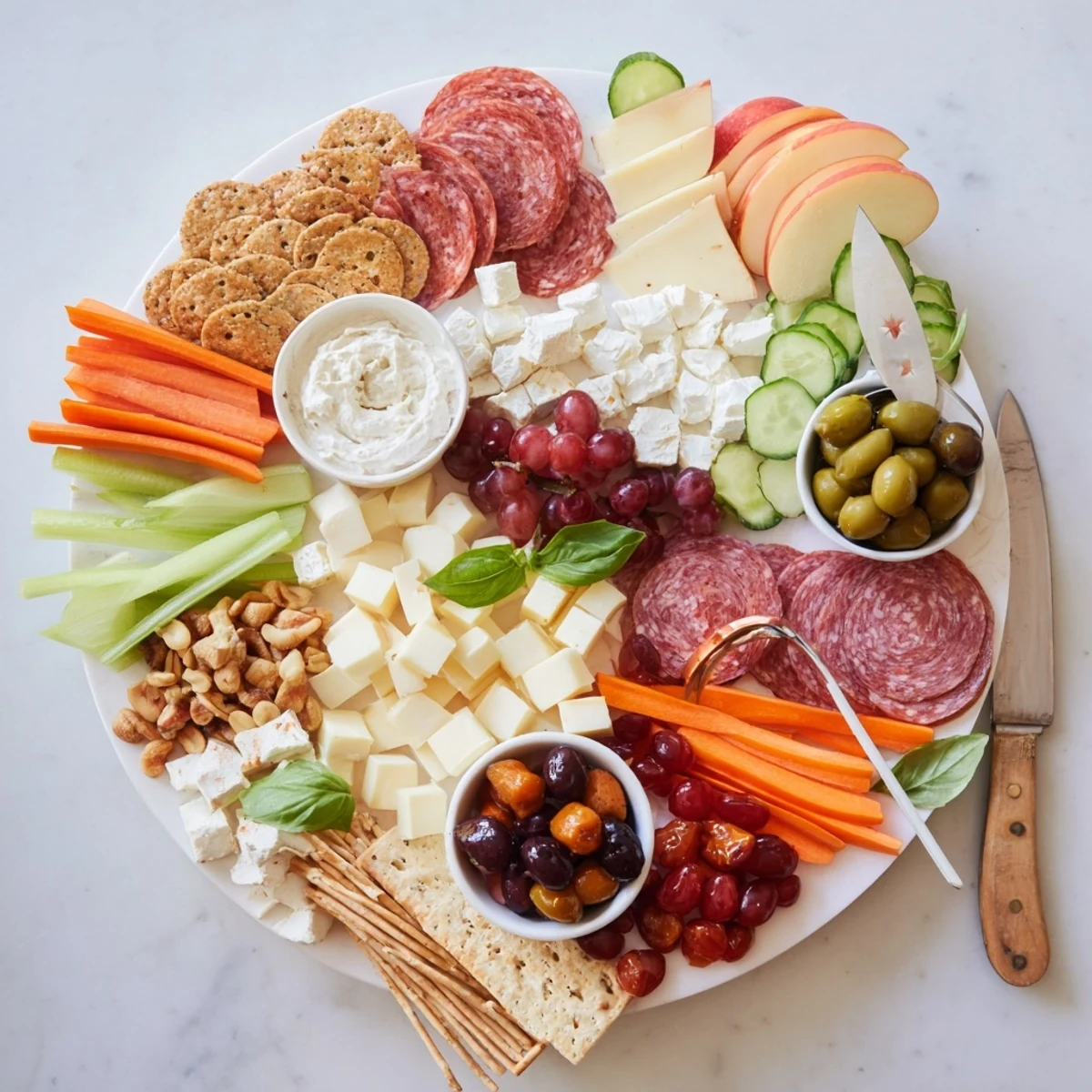 Playful girl dinner platter showcasing fresh veggies and meats on a large board.  