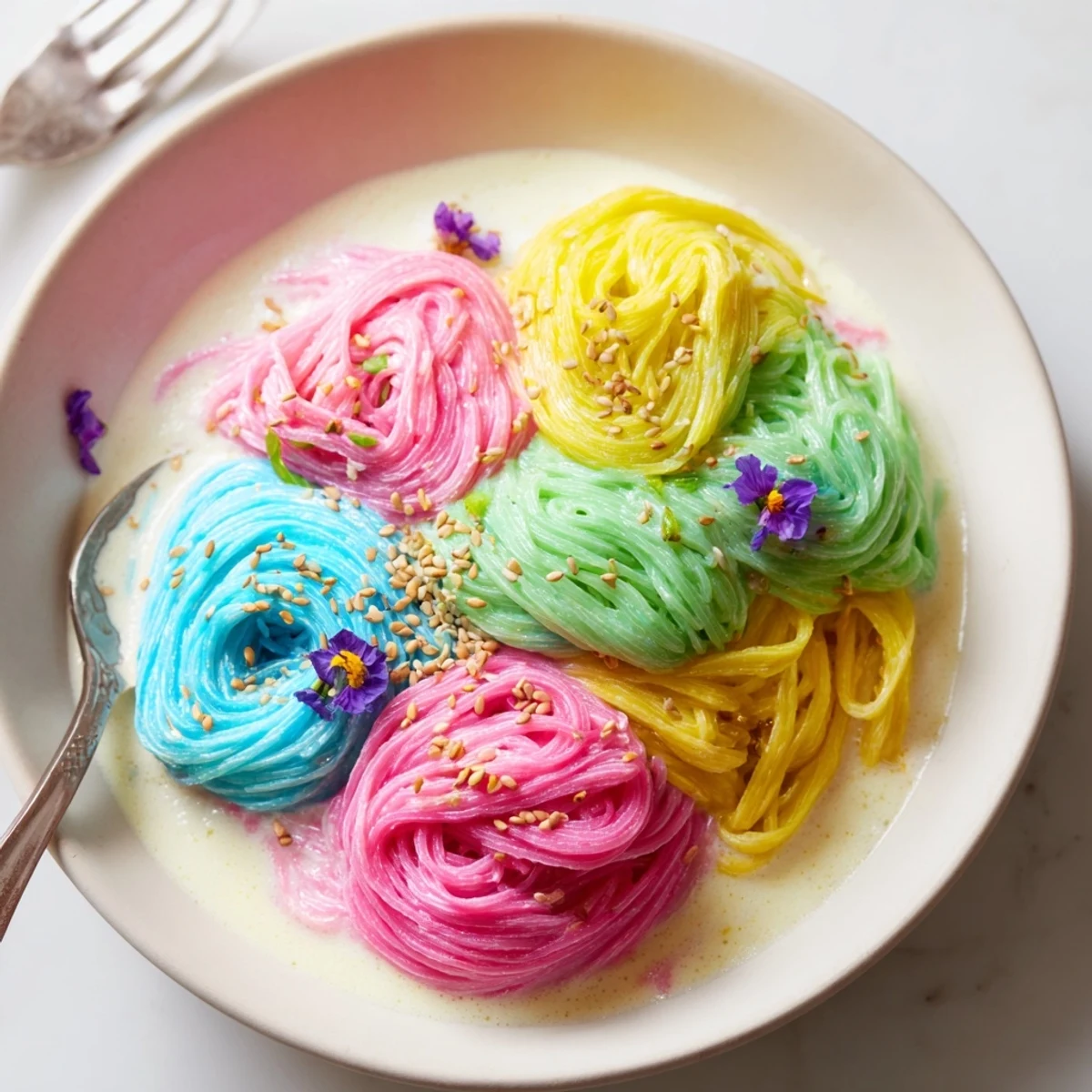 Vibrant Neon Noodle Cloud dish served in creamy sauce, perfect for family gatherings.  