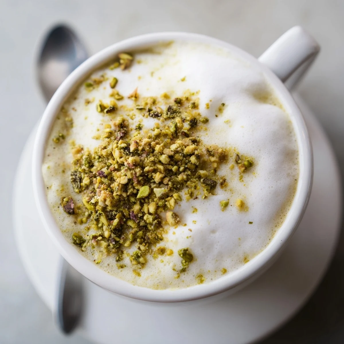 Creamy pistachio milk latte topped with crushed nuts for a cozy coffee experience.  