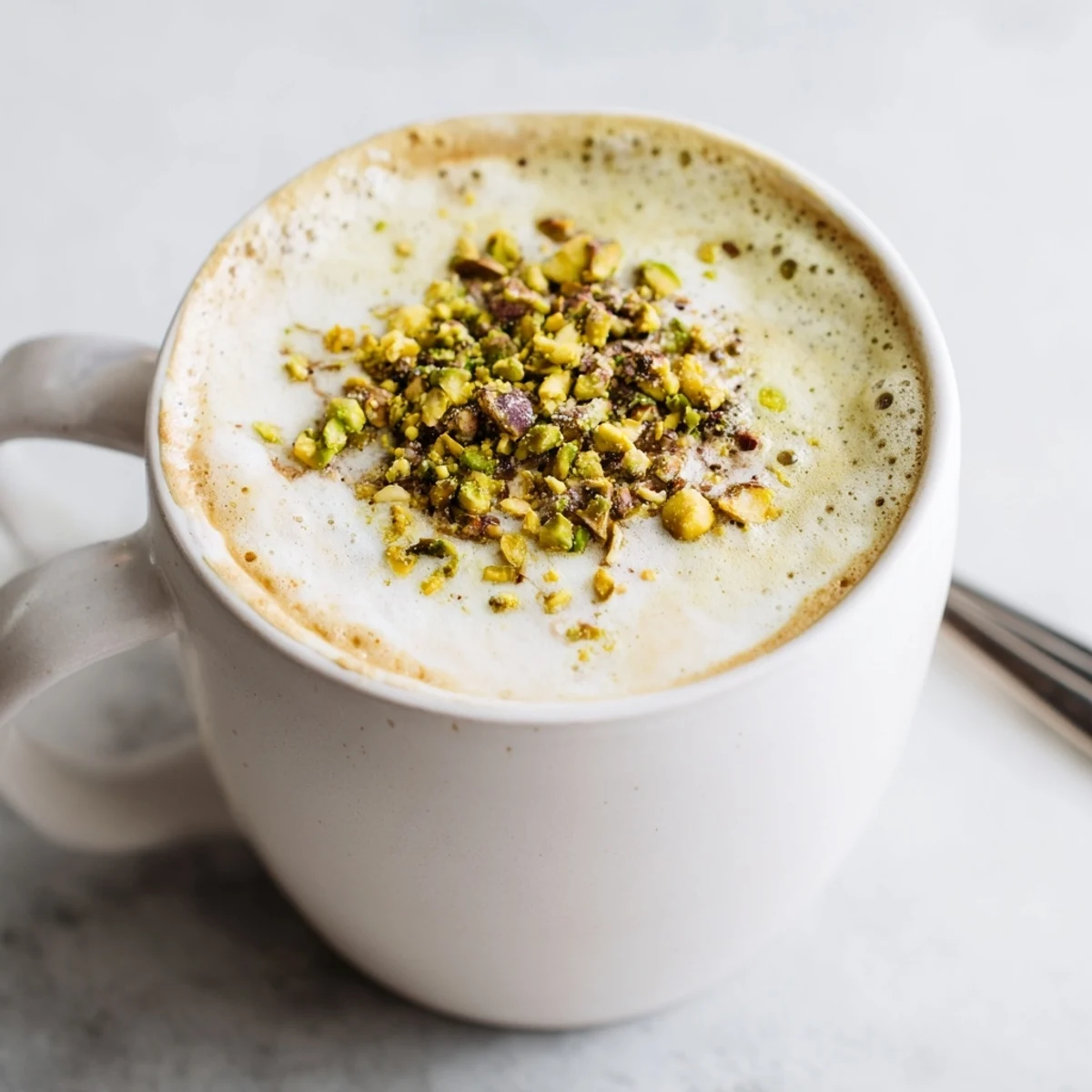 Enjoy a warm pistachio milk latte, aromatic and smooth, ideal for afternoon breaks.