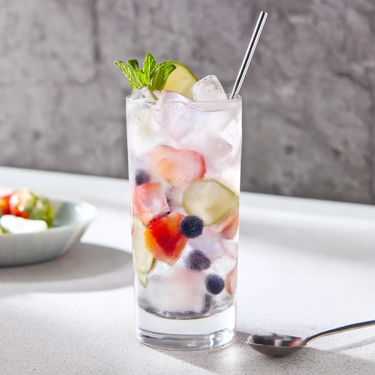 Refreshing water-based mocktails with strawberries and mint in tall glasses.  