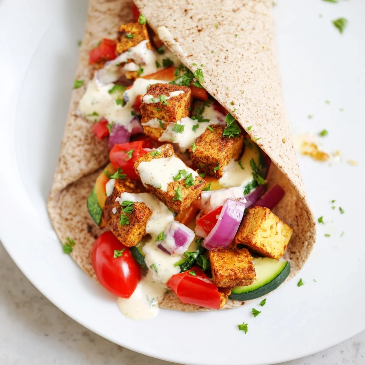 Roasted vegan tofu wrapped with fresh vegetables and drizzled with tahini sauce.  