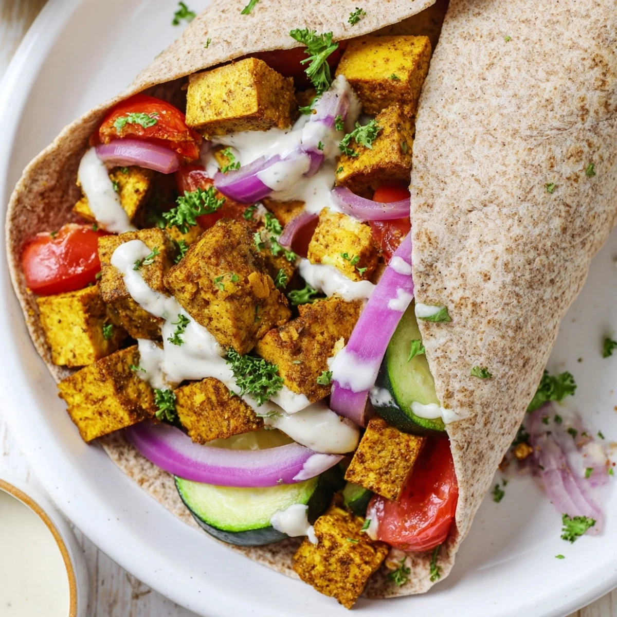 Vibrant vegan viral recipe featuring roasted tofu and colorful veggies in pita wraps.  