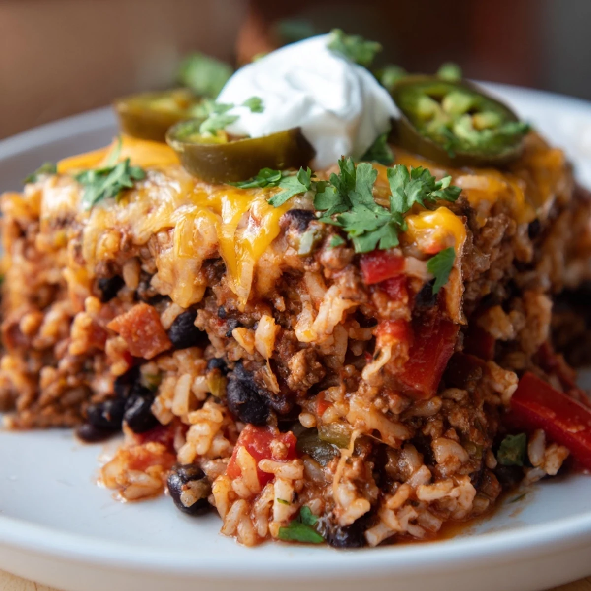 A delicious Tex-Mex Beef & Rice Casserole, bubbling with cheese and spices.  