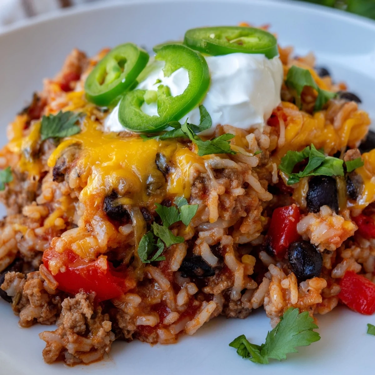 Comforting Tex-Mex Beef & Rice Casserole served with fresh cilantro and jalapeños.  
