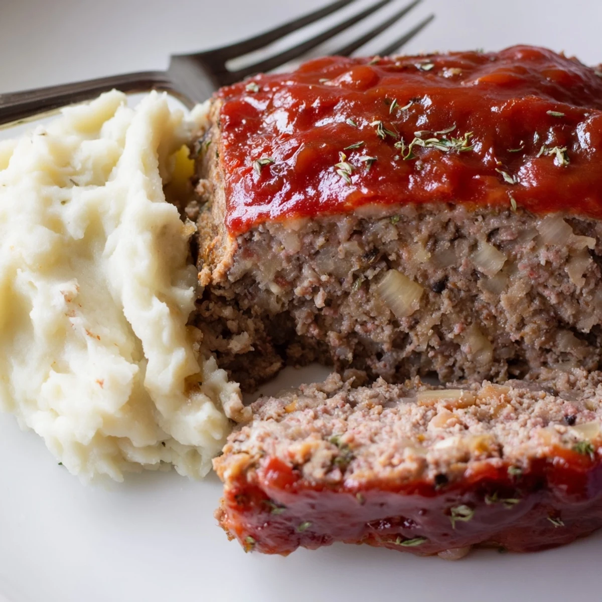 Classic meatloaf and mashed potatoes served warm, garnished with fresh parsley.  
