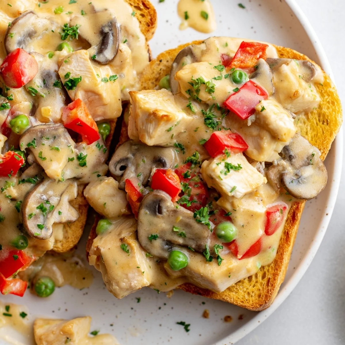 Creamy chicken à la king served over golden, buttered toast for cozy meals.  