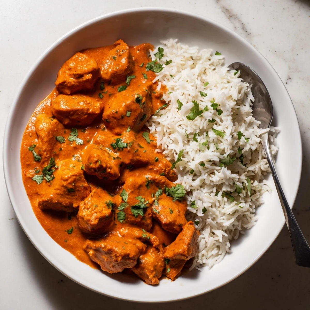 Creamy butter chicken simmering in a rich tomato sauce, served with fluffy rice pilaf.  