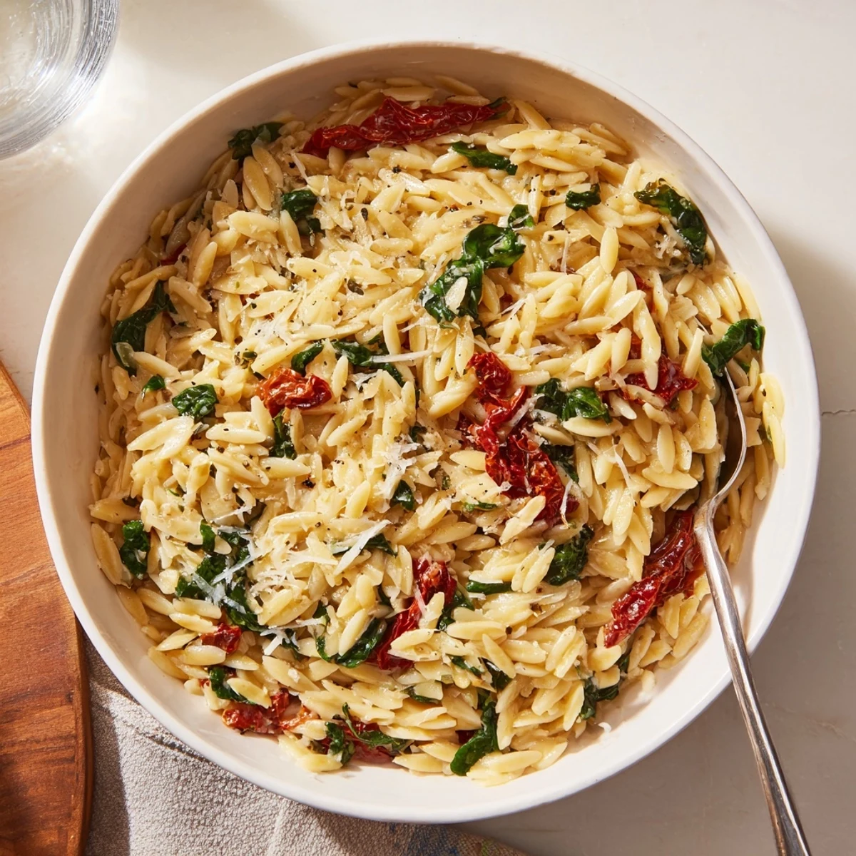 Rich creamy Tuscan orzo pasta garnished with Parmesan and bright green spinach leaves.  