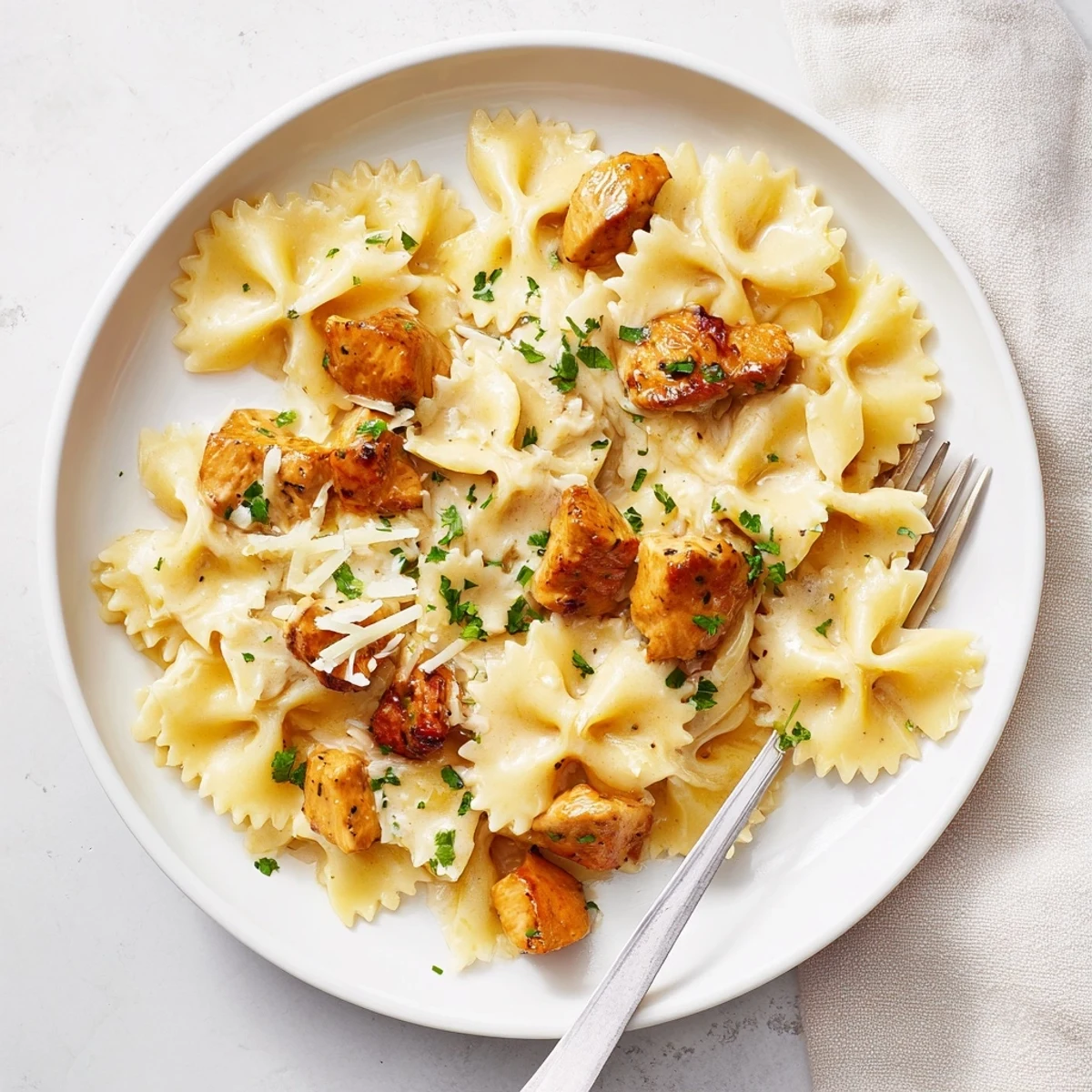 Delicious Mozzarella Garlic Butter Chicken Bowties topped with melted cheese and fresh parsley.  