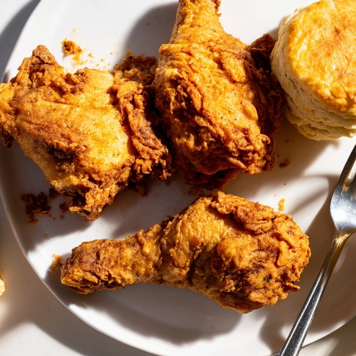 Golden fried chicken paired with fluffy buttermilk biscuits, a delicious comfort food classic.