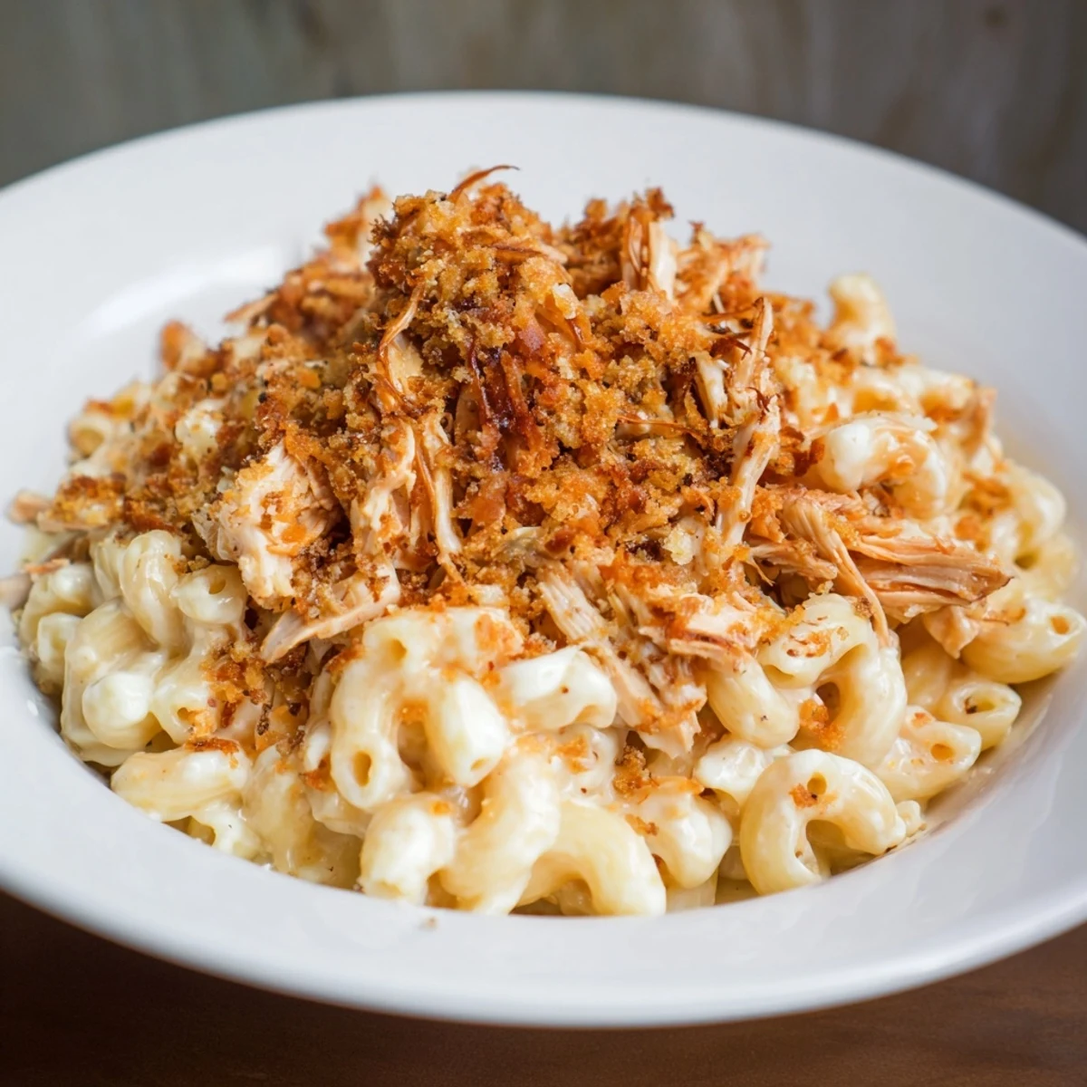 Enjoy the visually rich Classic Mac & Cheese with BBQ Chicken featuring smoky BBQ chicken and creamy macaroni.