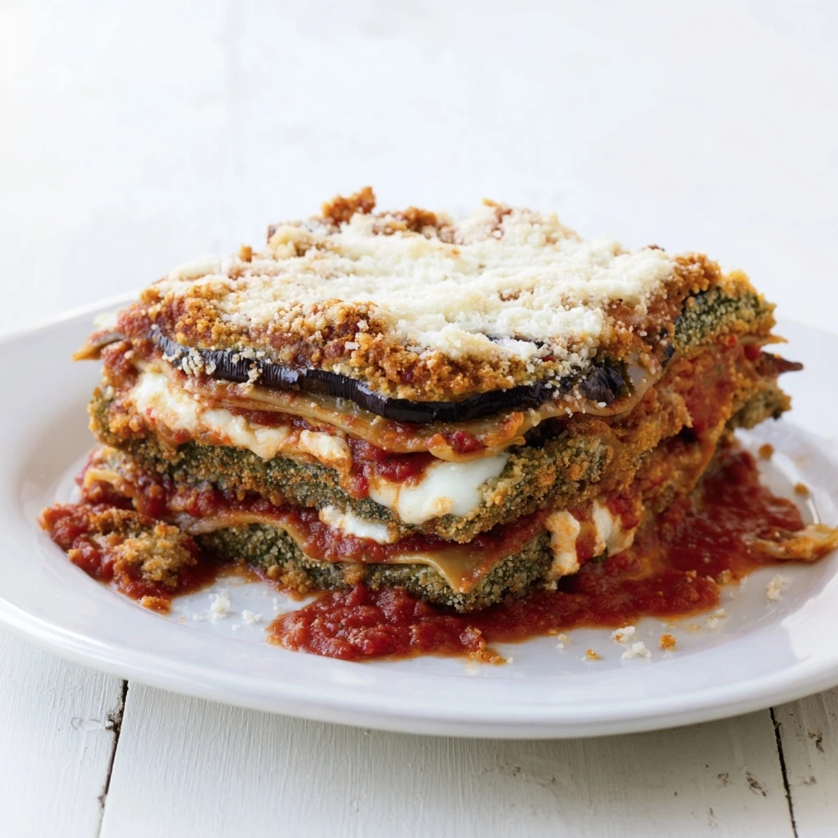 Golden, bubbly Eggplant Parmesan Lasagna with melted mozzarella and fresh basil garnish for serving.