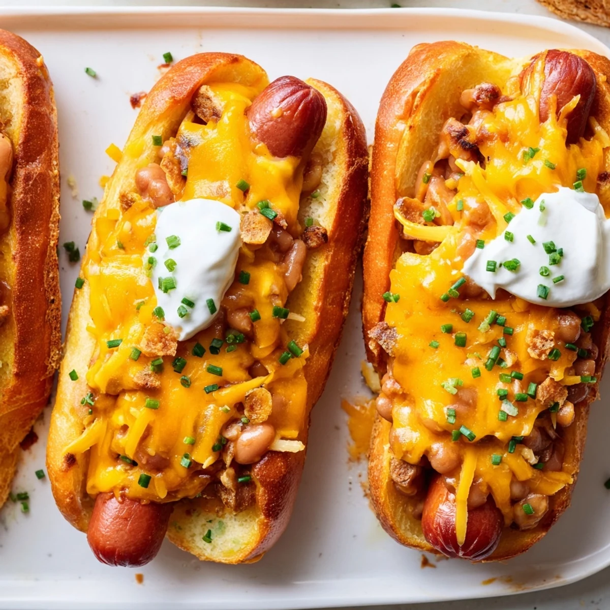 Warm, cheesy Chili Dog Casserole with visible hot dog pieces, ideal for a hearty American meal.