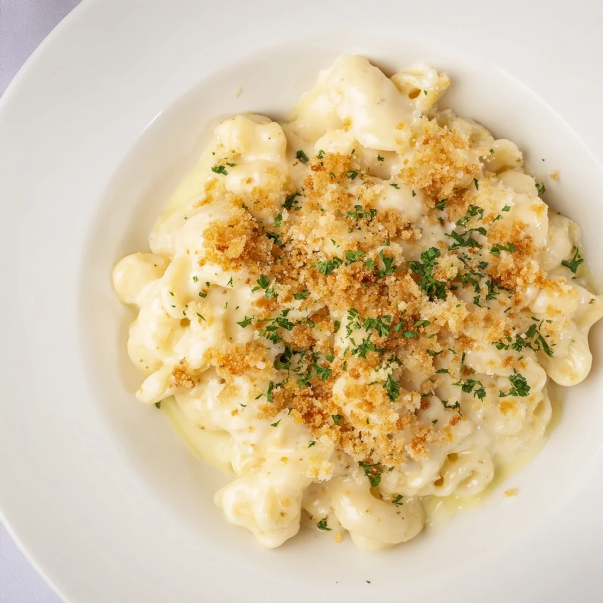 Steaming, golden Truffle Macaroni & Cheese, bubbly and topped with crunchy panko breadcrumbs, ready to eat.