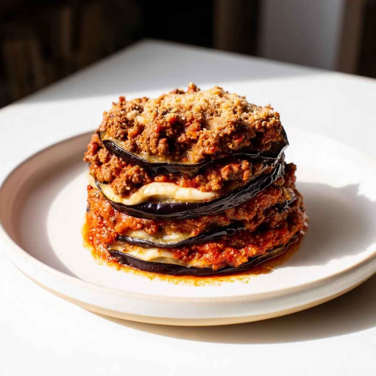 A hearty, freshly baked moussaka, showcasing tender eggplant and flavorful spiced beef within.