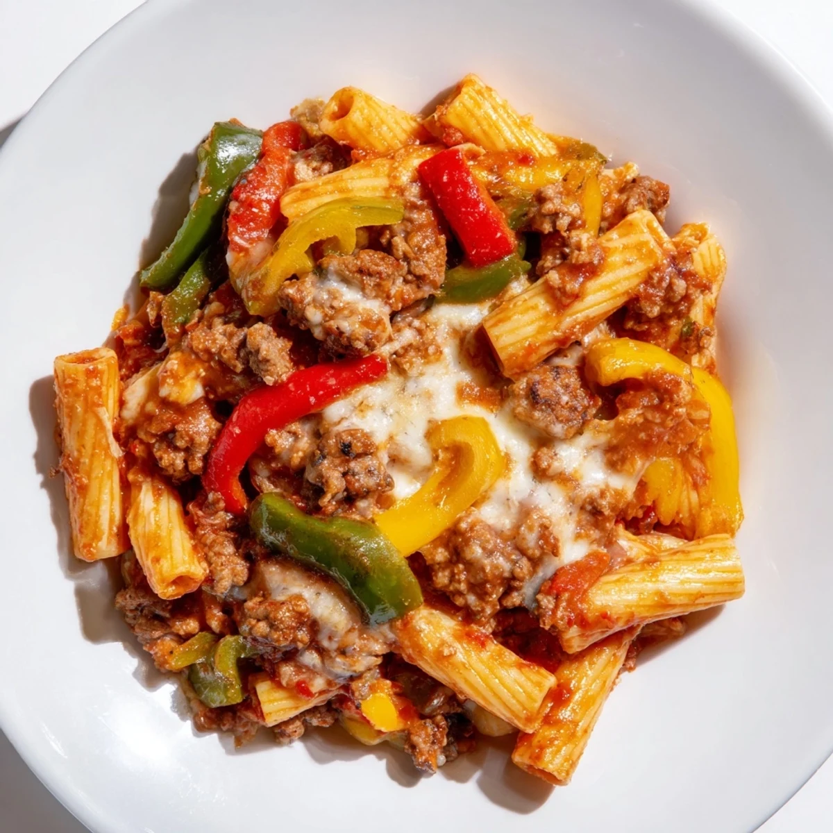 This Baked Rigatoni with Sausage & Peppers boasts browned sausage and colorful peppers, smothered in melted cheese.