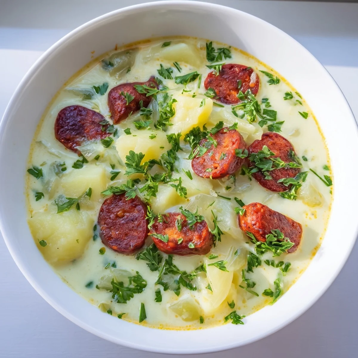 Golden spoonful of flavorful Potato, Leek & Chorizo Soup, offering a comforting, gluten-free delight.