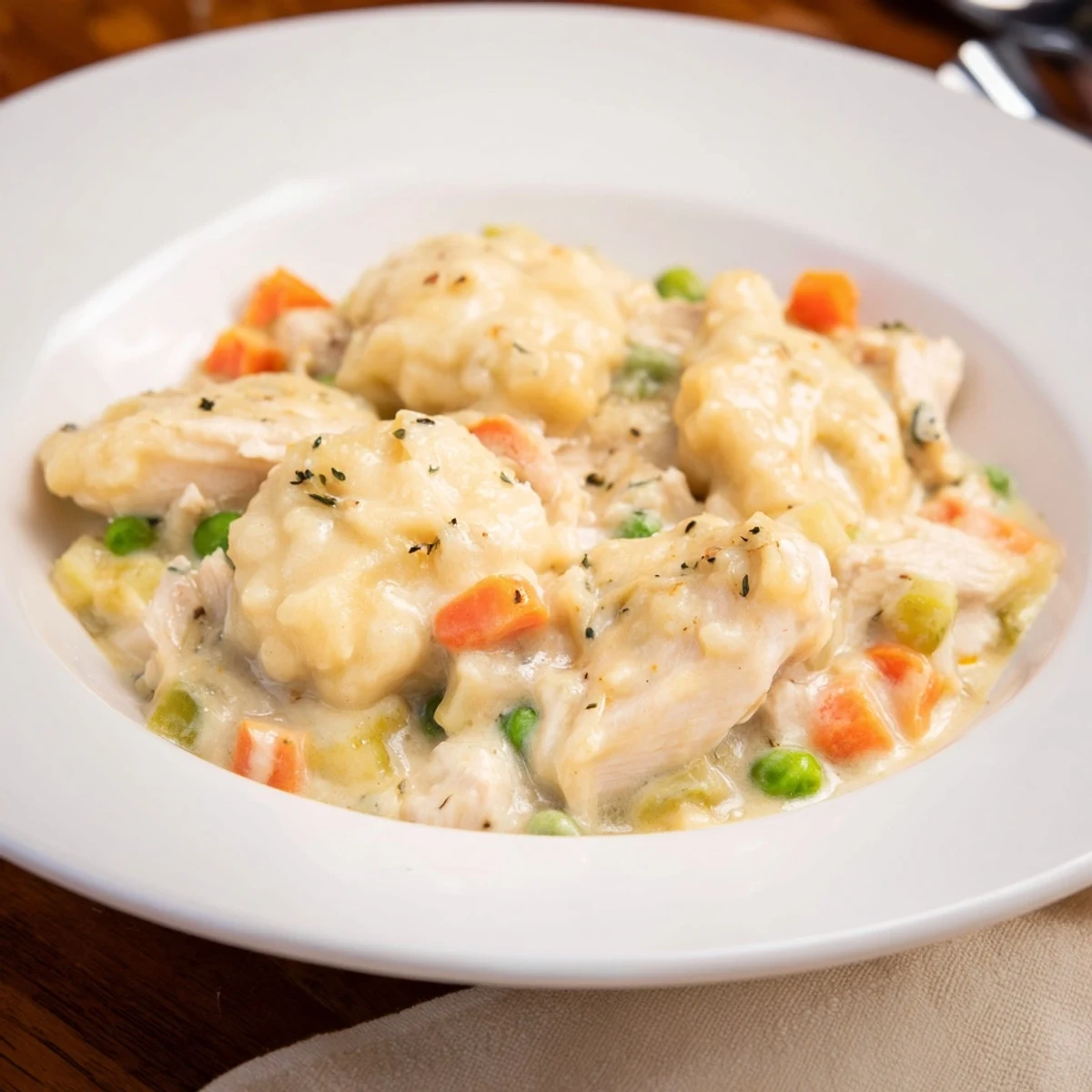 Golden, fluffy dumplings top a warm Chicken and Dumplings Casserole, a comforting American classic.