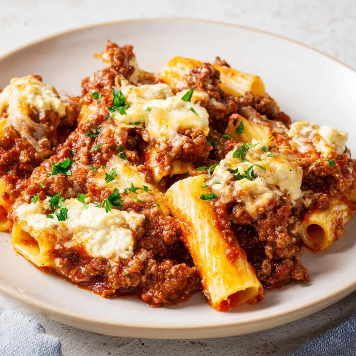 Enjoy a hearty plate of Baked Ziti with Meat Sauce: a cheesy, layered Italian pasta bake perfect for dinner.