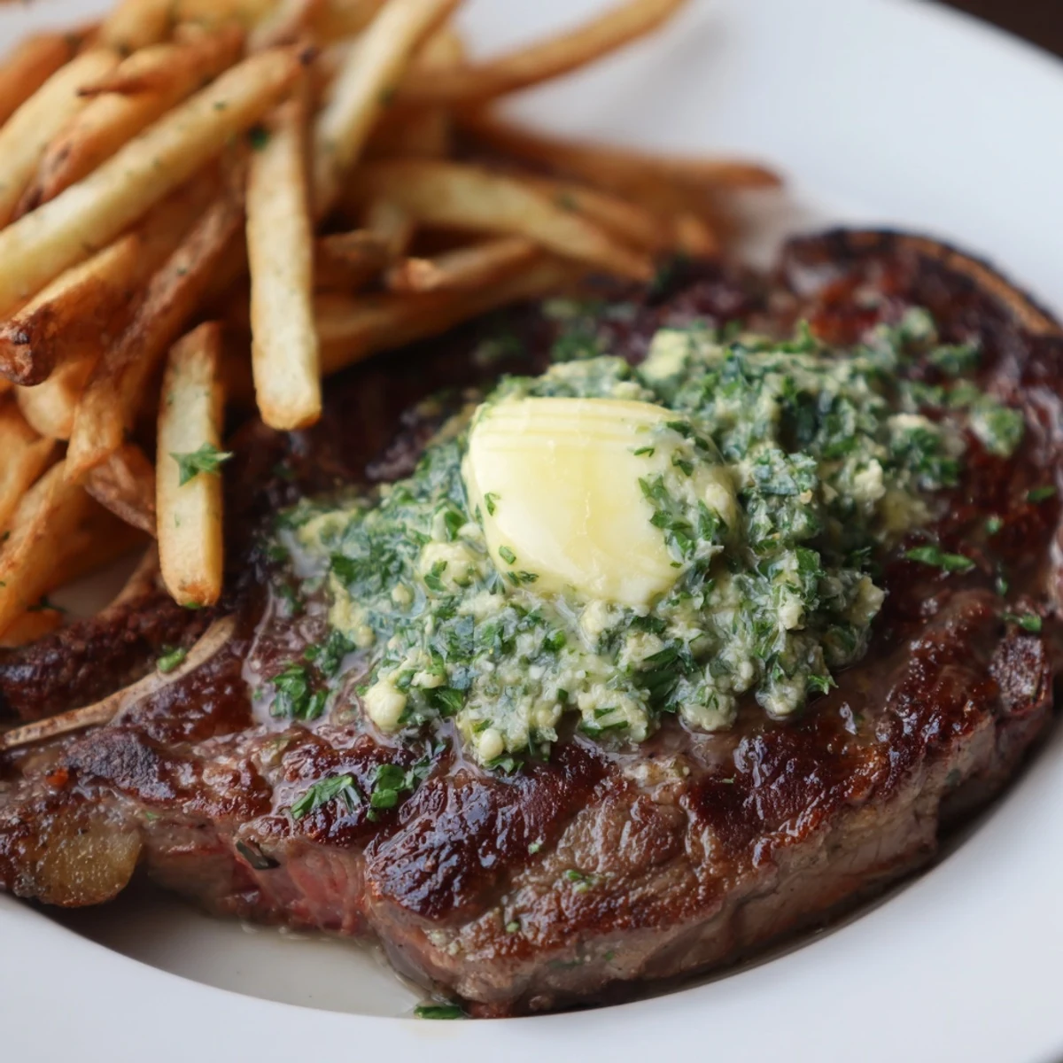 A close-up of a sizzling Steakhouse Garlic Butter Steak & Fries, showcasing juicy steak and crispy fries, ready to eat.