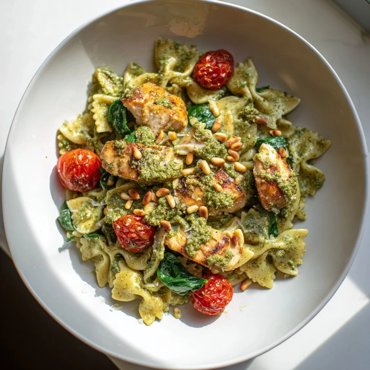 Creamy pesto chicken bowtie pasta with vibrant tomatoes, perfect for dinner tonight.
