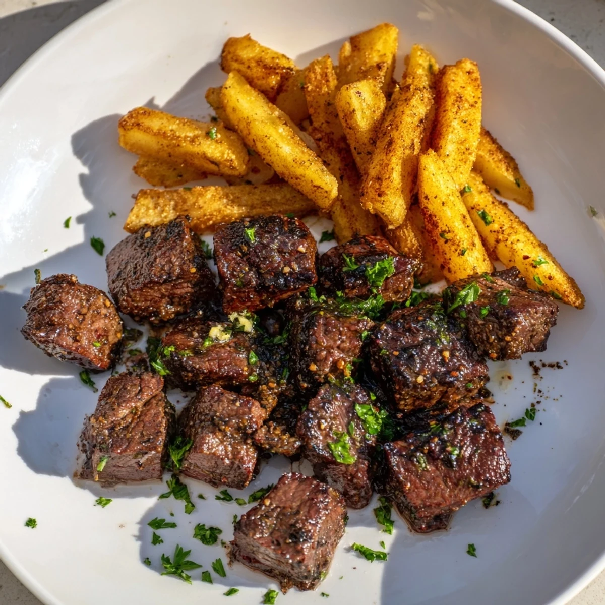 Sizzling Blackened Cajun Steak Bites with crispy fries, perfectly browned and ready to be enjoyed as a meal.