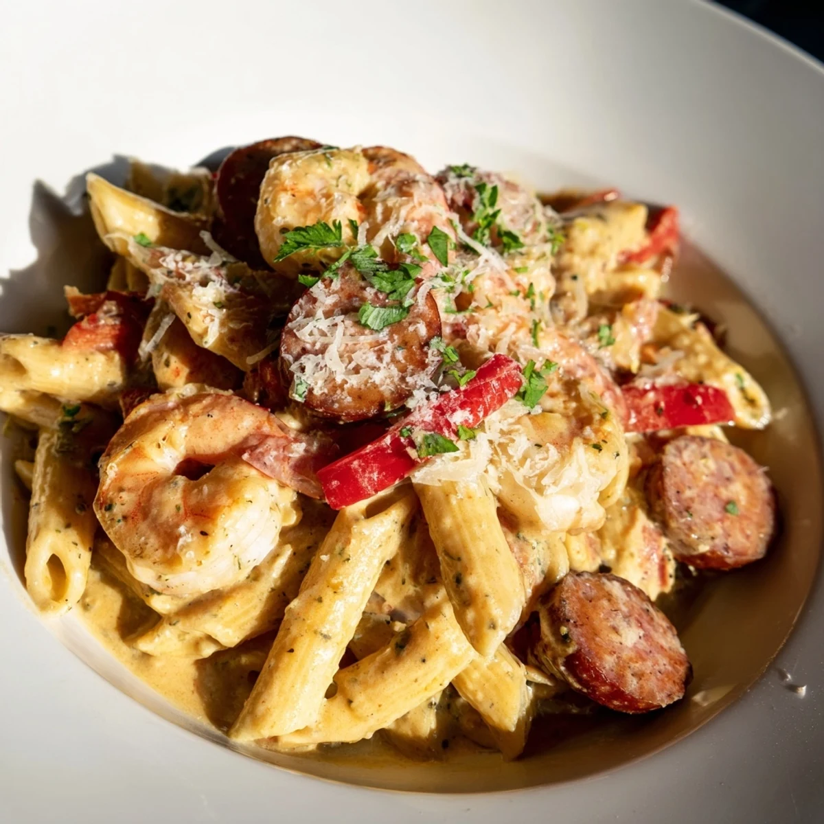 This beautiful image shows a flavorful Cajun Sausage & Shrimp Alfredo Pasta Skillet, ready for serving.