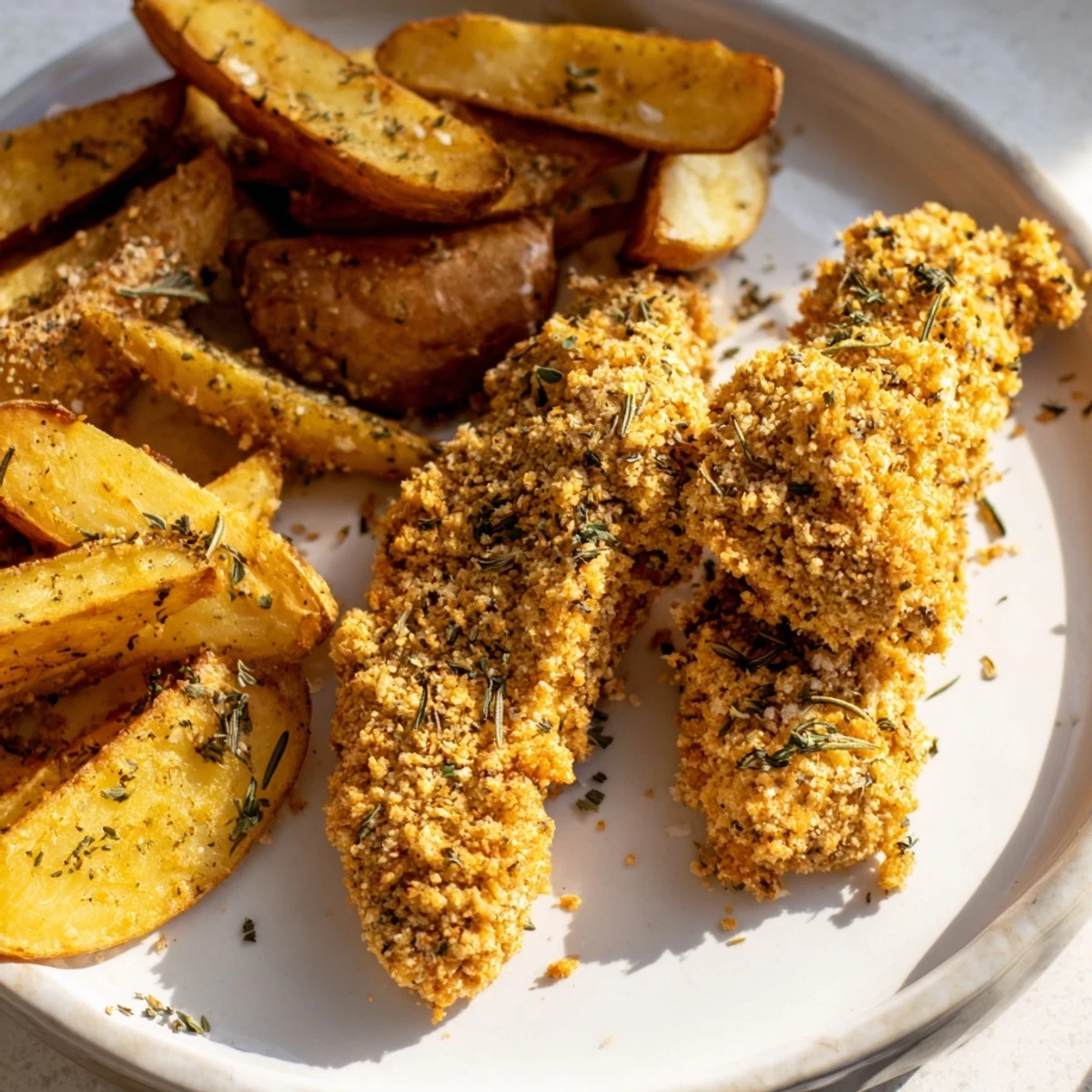 Golden herbed chicken tenders alongside rustic potato wedges with perfect crispy edges, ideal family dinner.
