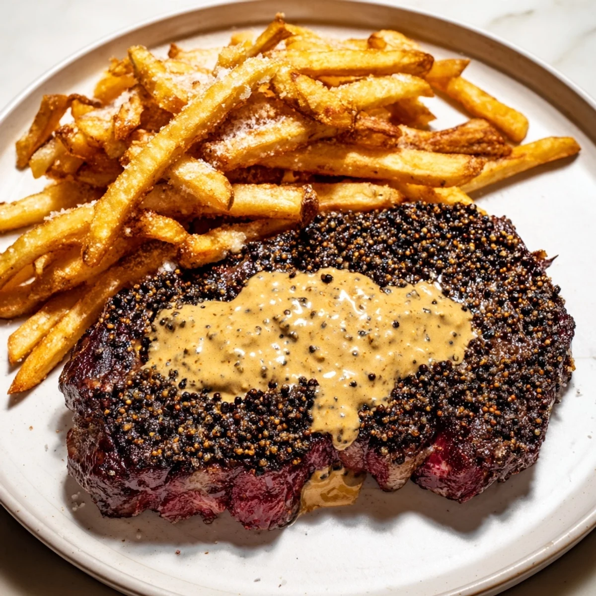 A close-up of a tender Classic Peppercorn Ribeye steak with a rich sauce, plus golden fries on a plate.