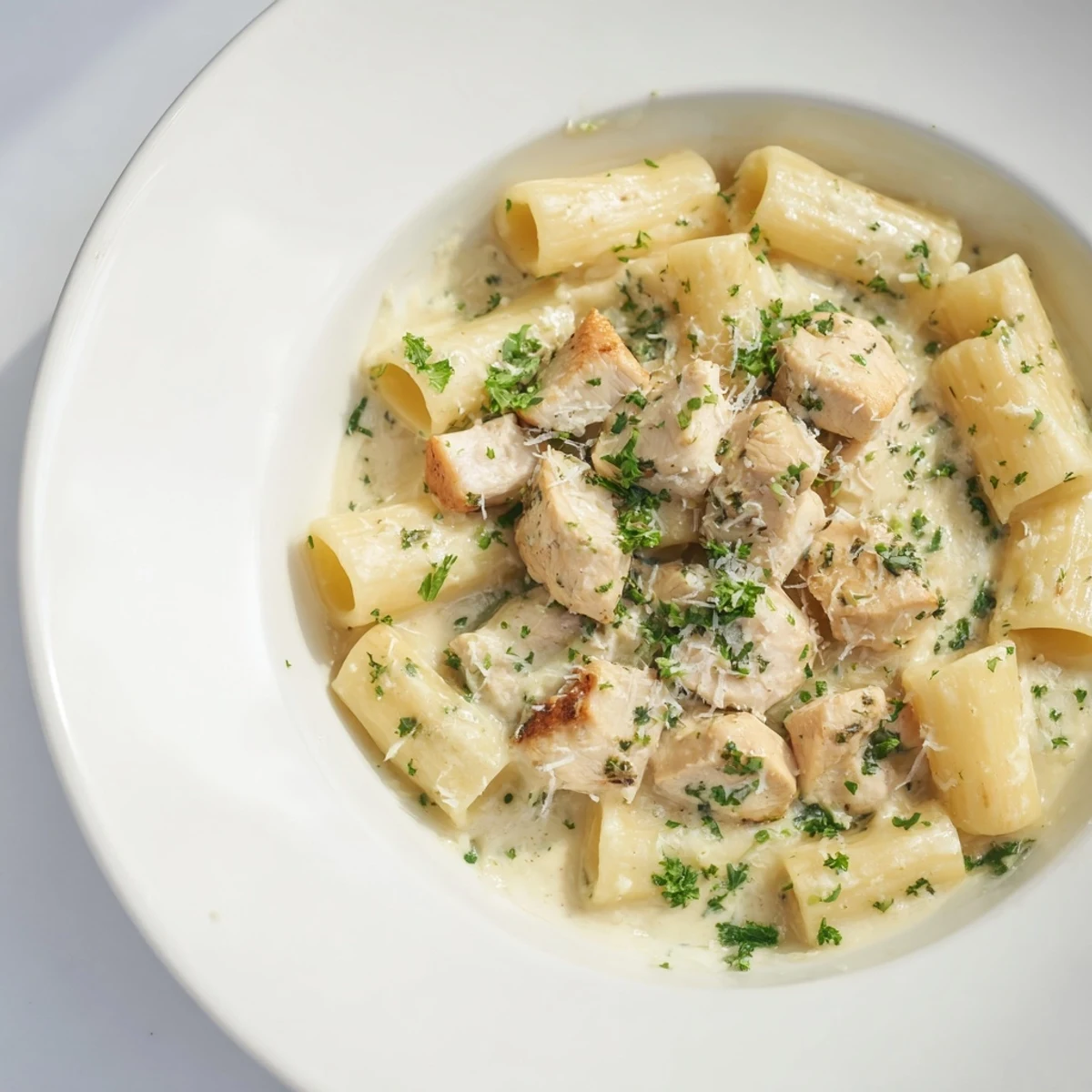 This photo features a comforting bowl of delicious Creamy Garlic Parmesan Chicken Rigatoni, ready to eat.