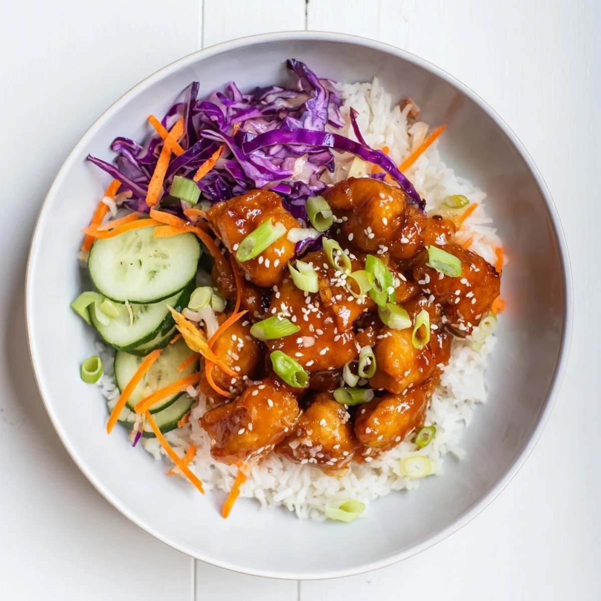 Vibrant Sriracha honey chicken rice bowl: tender chicken glistens with a sweet and spicy glaze.
