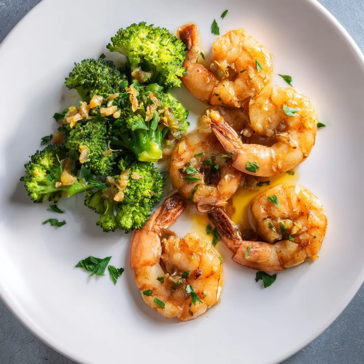 Golden Lemon Butter Shrimp & Broccoli, sizzling with garlic, ready to serve with lemon wedges.