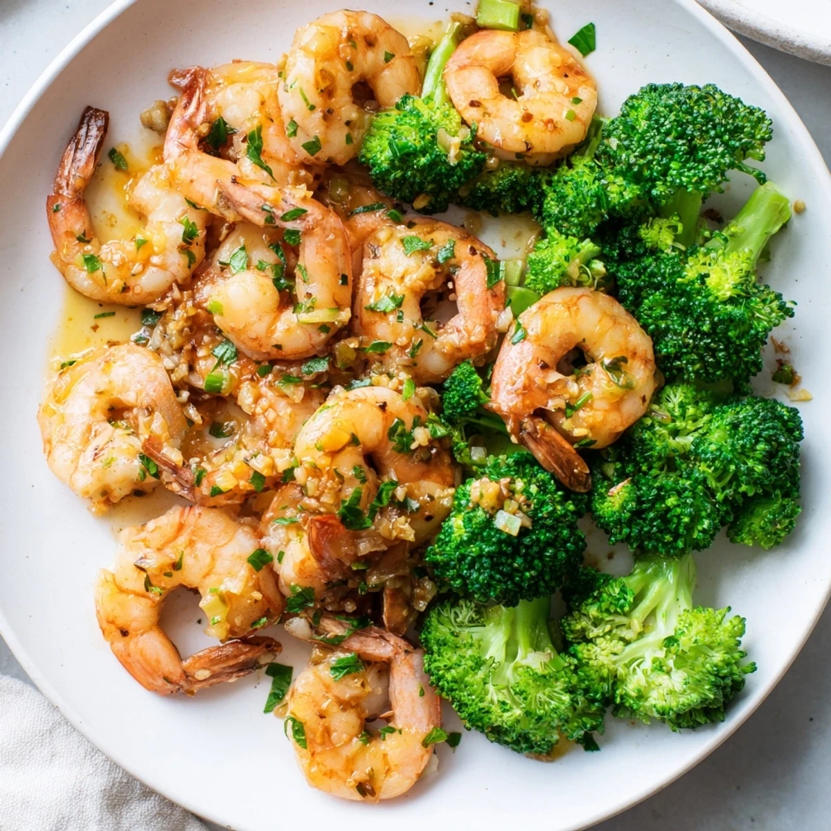 A pan filled with Lemon Butter Shrimp & Broccoli, showcasing tender shrimp and bright broccoli florets.