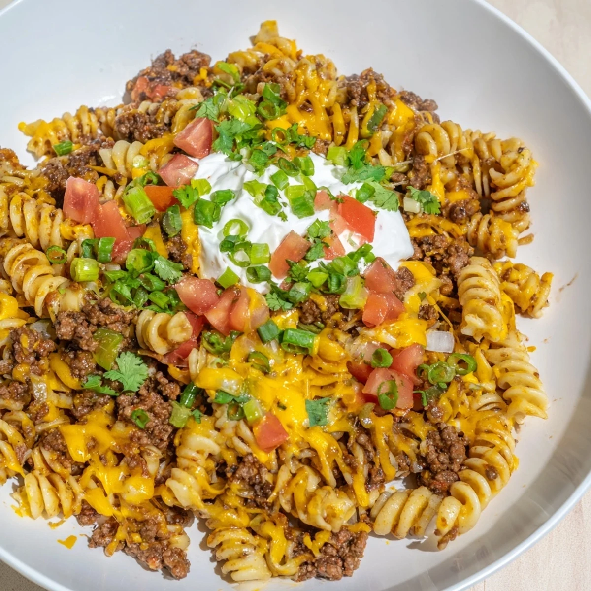 Steaming skillet of Cheesy Taco Pasta boasting melted cheddar and seasoned ground beef, ready to be served.