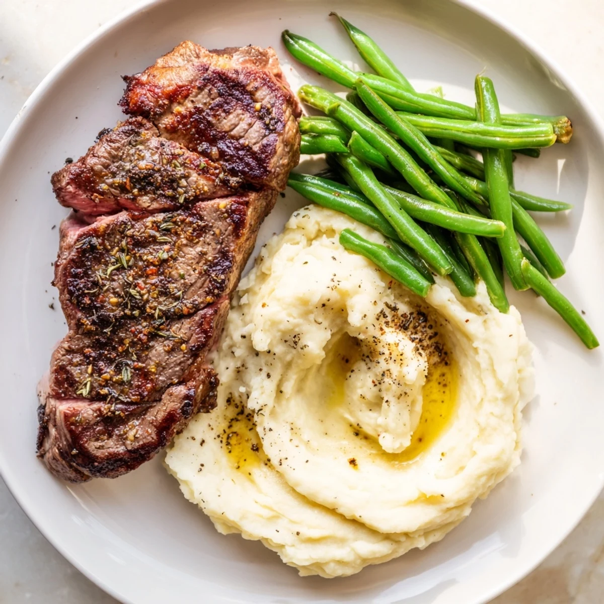 Juicy steak nestled among creamy garlic mashed potatoes on a sheet pan for this recipe.
