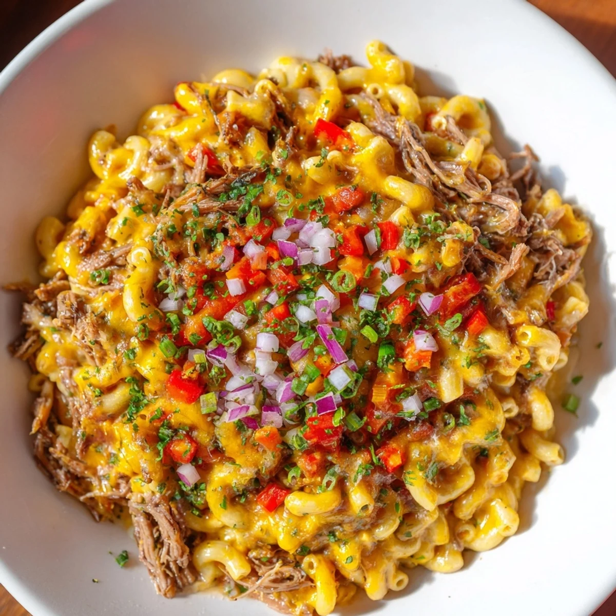 BBQ Rib Macaroni Skillet bubbling hot from the oven, with melted cheese and fresh parsley garnish.