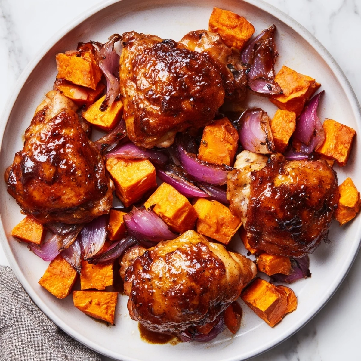 Golden-brown maple glazed chicken with tender sweet potatoes, a complete and easy family-friendly meal.