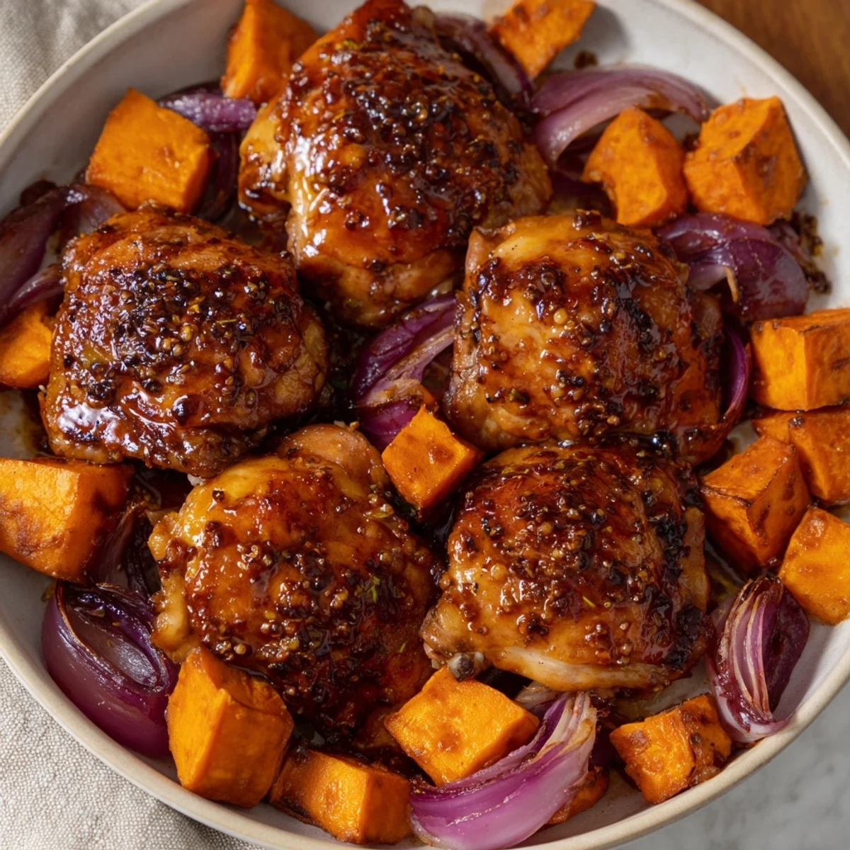 Roasted Maple Glazed Chicken & Sweet Potato Bake: juicy chicken thighs resting on caramelized sweet potatoes and onions.