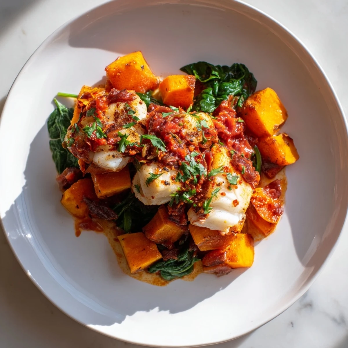 Golden-brown Baked Cod, nestled with roasted squash and spinach in a rich tomato-herb sauce.