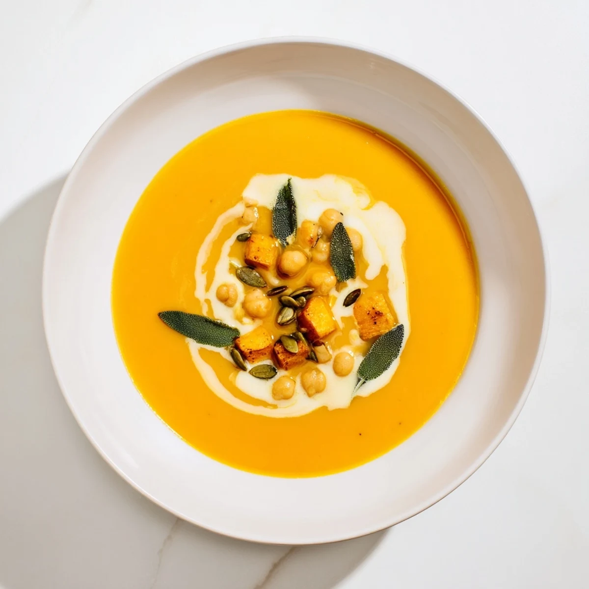 Golden-hued Chickpea, Pumpkin & Sage Soup, a hearty vegan meal perfect for chilly evenings.