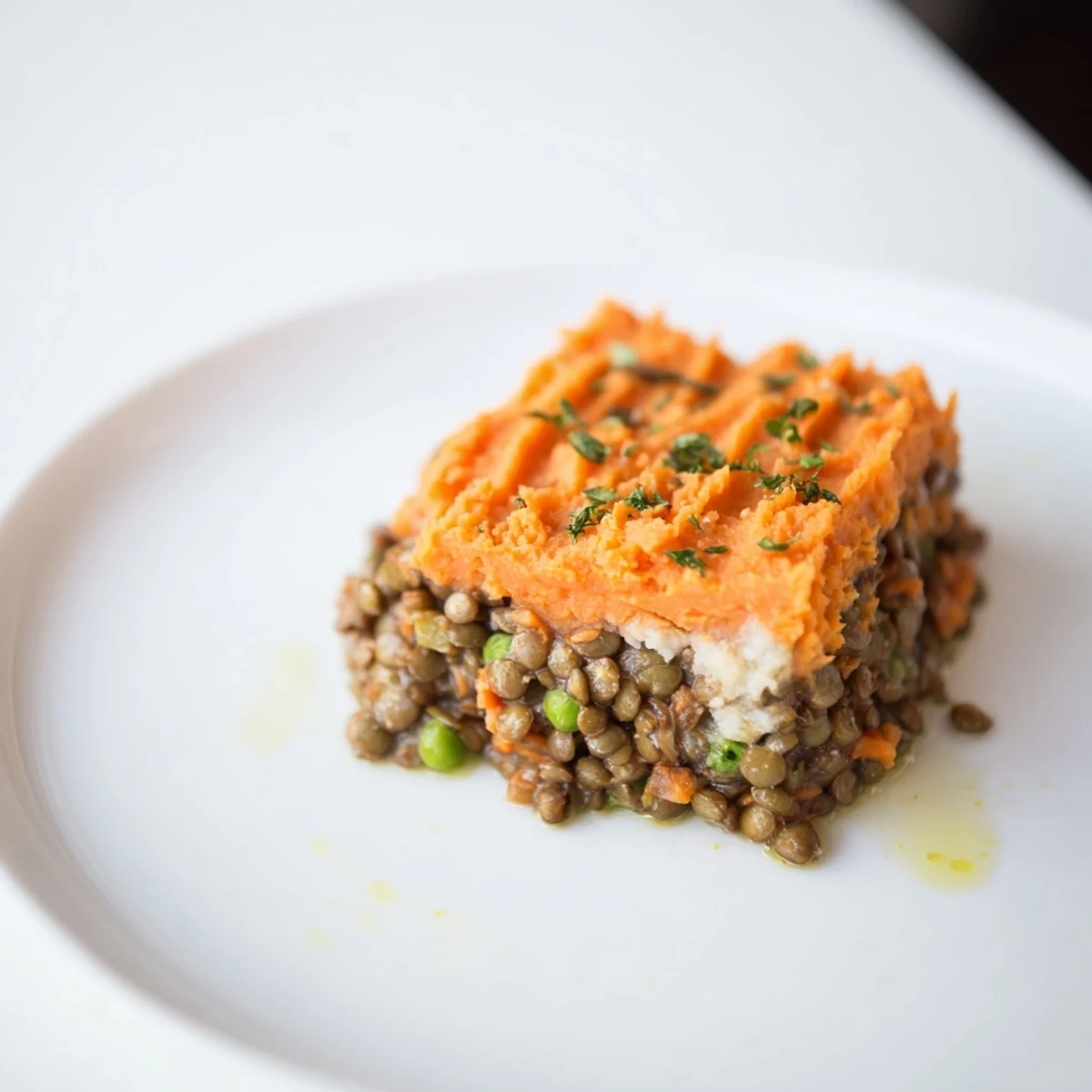 Warm, golden Veggie Shepherd's Pie with lentils and mashed sweet potatoes, ready to serve.